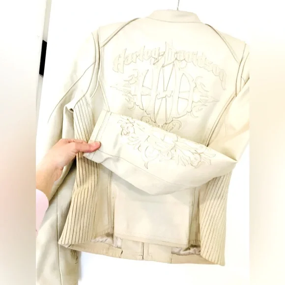 100% GENUINE LEATHER CREAM HARLEY DAVIDSON BIKER MOTO JACKET SIZE SMALL - Picture 6 of 7